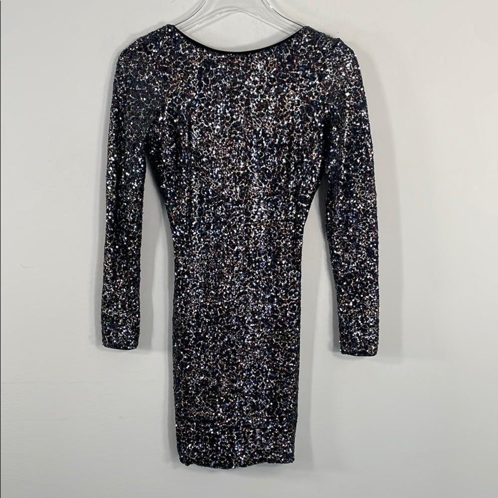 Dress the Population‎ Sequin Long Sleeve Mini Dress Black Silver Bronze Small - Picture 2 of 10